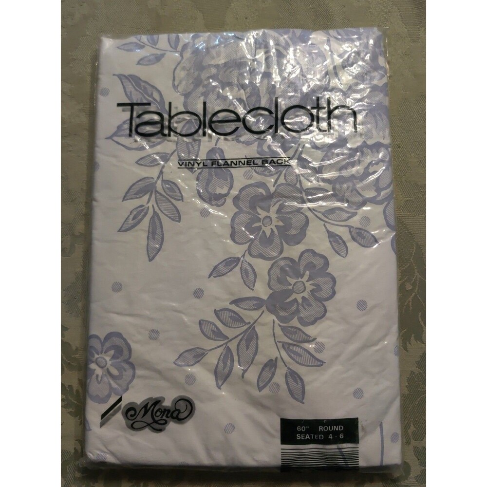 Tablecloth VINTAGE NEW Vinyl Flannel Back  60” ROUND Blue white floral